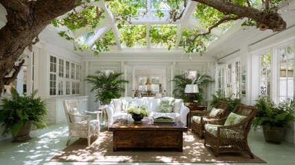 Heritage white colonial home surrounded by rain tree branches, skylights flooding interior with natural light