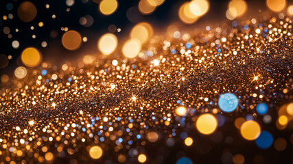 Sparkling gold glitter scatters across dark surface, creating a rich and luxurious texture. Concept of event decoration, fashion design, branding enhancement