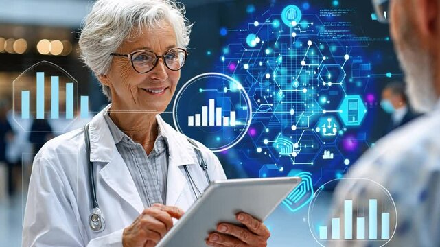 Healthcare Technology: A doctor, with a benevolent gaze and stethoscope, utilizes a digital tablet showcasing innovative technology, signifying advancements in modern medicine.