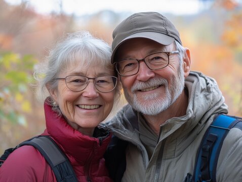 Two older adults smiling affectionately at each other, both wearing backpacks and enjoying a hike in the autumn. They are outdoors in a wooded area with colorful fall leaves.
