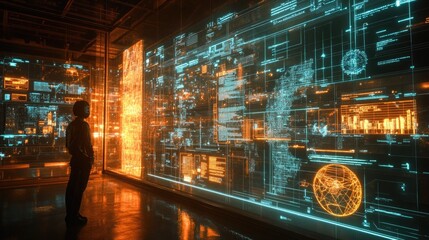 3D holographic disaster recovery simulation interface showing AI response planning, structural analysis overlays, and emergency strategy flo