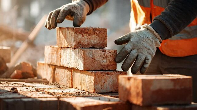 Bricklaying Precision: A skilled craftsman carefully places a brick, showcasing the artistry and labor of constructing a sturdy foundation.
