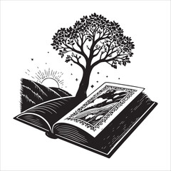 Open Book, Tree, Sunrise Landscape: Black and White Woodcut Style Illustration, SILHOUETTE