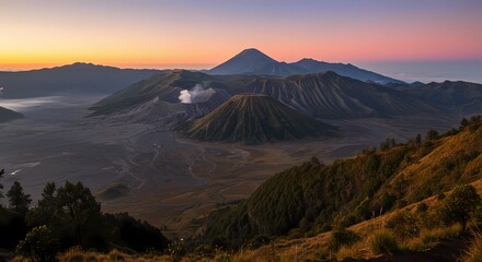 Obraz premium Majestic Sunrise over Volcanic Landscape Breathtaking Panoramic View of Indonesian Volcanoes