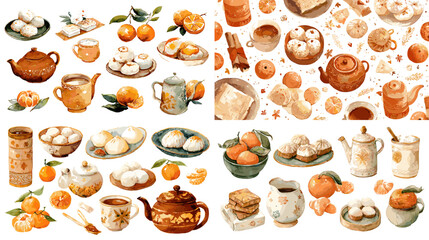 Charming watercolor illustrations of Asian tea sets, oranges, and traditional sweets, perfect for cultural cuisine designs, packaging, or food illustrations.


