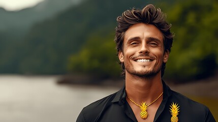 Smiling man wearing pineapple necklace by a serene river in a lush green landscape