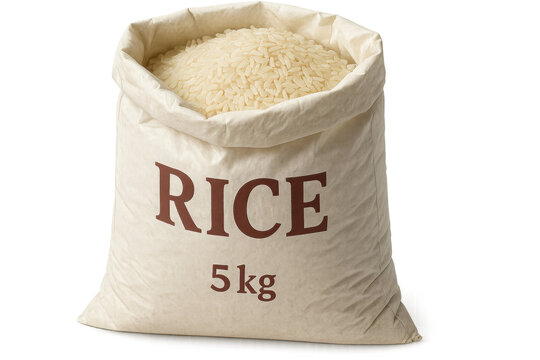 Full sack of rice on transparent background, containing five kilograms of product, ready for sale or distribution