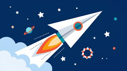 A paper airplane rocket launching into the night sky. A creative illustration concept for business startup, innovation, speed, and new ideas taking flight.