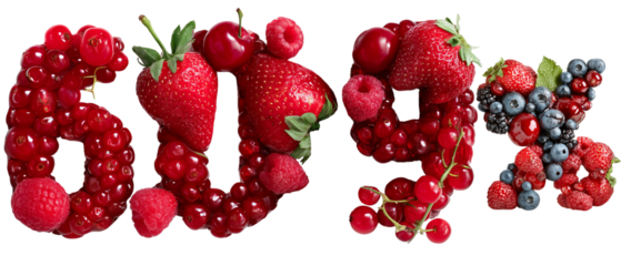 60%, 90% numbers made of red berries isolated over white (transparent) background