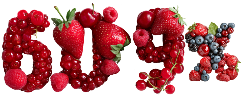 60%, 90% numbers made of red berries isolated over white (transparent) background