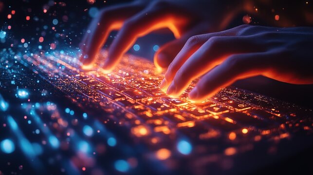 Futuristic Glowing Keyboard with Hand Typing for Programming and Digital Innovation