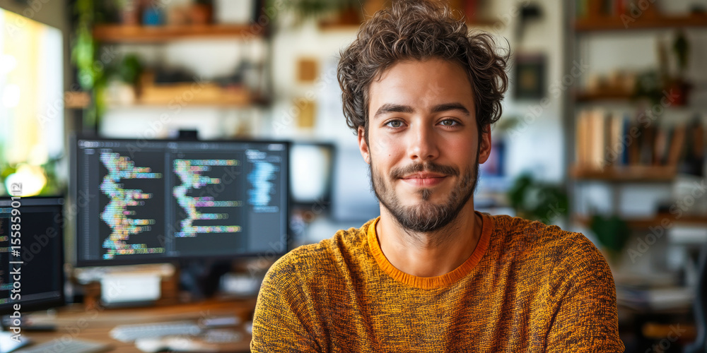 Poster young male software developer working with computer code on dual monitors in modern home office envi