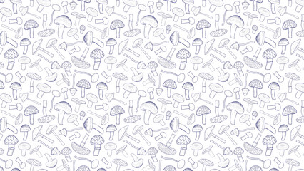Seamless pattern of hand drawn mushrooms in black and white on a plain white background design