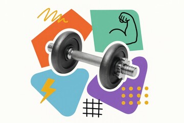 Fototapeta na wymiar fitness design with dumbbell illustrations and colorful shapes emphasizing strength, workout, and healthy lifestyle on a vibrant background