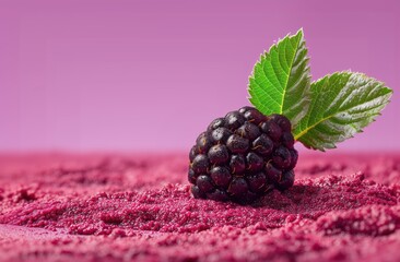 Blackberry laid on a magenta, fruit paste against pastel purple surface. Fruit production, cosmetics copy space background.