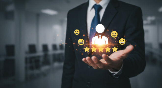 Customer Experience: A man in a suit presents a conceptual depiction of exceptional customer experience, highlighting key elements and emotions that define customer satisfaction.