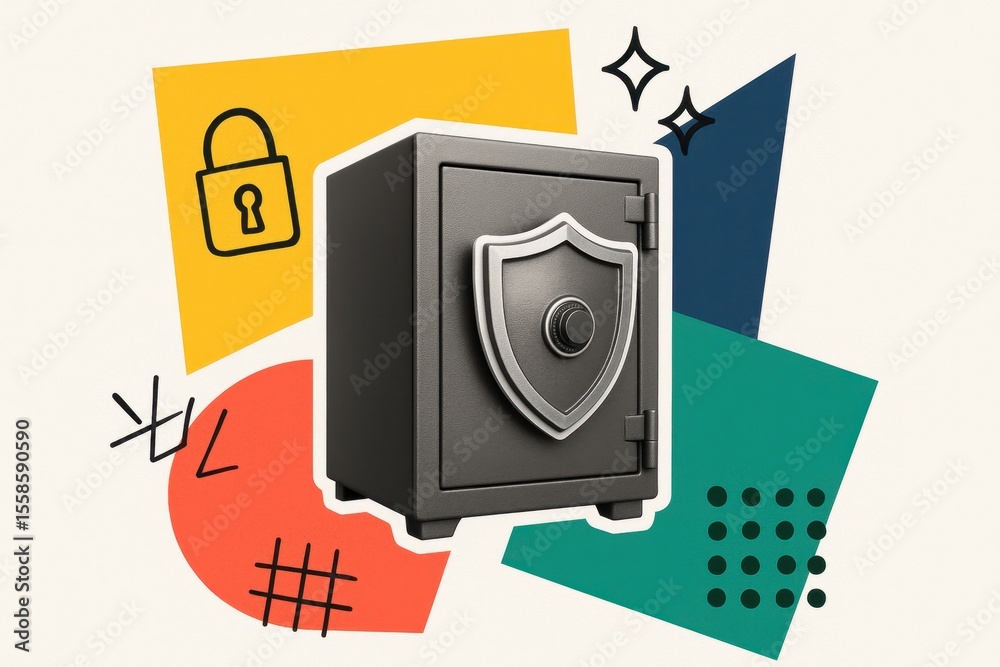 Poster black safe with shield symbol on colorful abstract background representing security and protection o