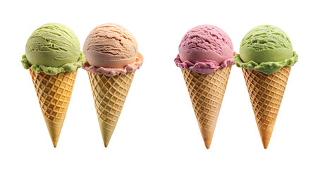 Ice Cream Cone Duo: Two different flavored ice cream scoops in one cone, vertical composition, sharp PNG