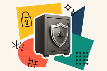 Obraz premium black safe with shield symbol on colorful abstract background representing security and protection of valuables in a modern setting