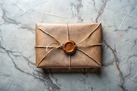 Rustic brown paper package tied with twine and sealed with wax