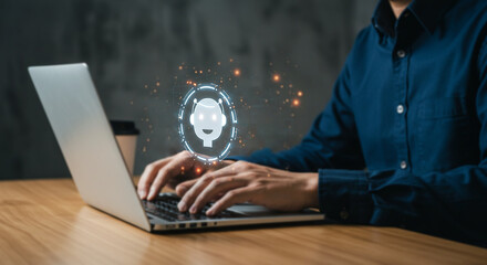 AI Collaboration: A person is immersed in a captivating interplay with AI technology, as the glow of the interface bathes the scene in a futuristic, digital aura. The integration of technology.