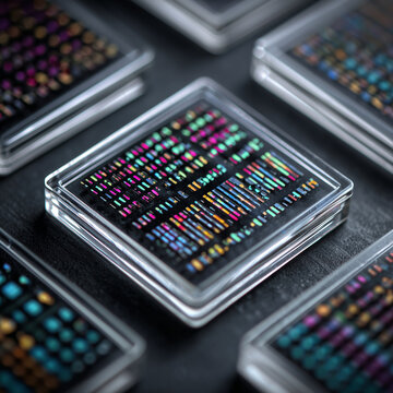 Macro view of a DNA microarray chip showing fluorescent dots, used for gene expression analysis in biotechnology and genomics research.