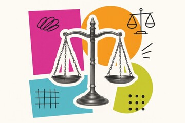 conceptual illustration of a balanced scale symbolizing justice, law, and equality with colorful abstract shapes in the background, representing legal themes