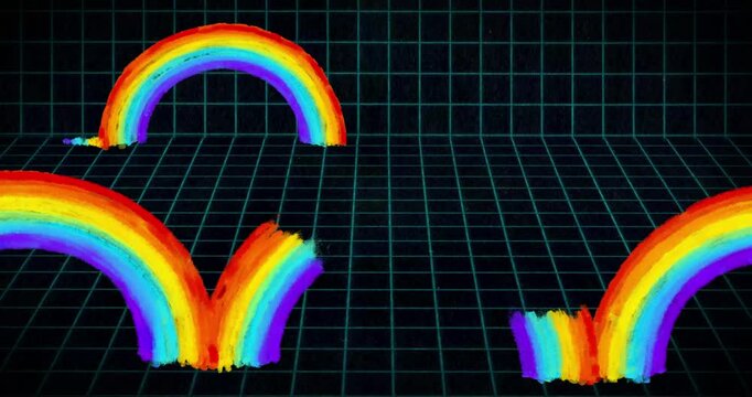 Many rainbows drawing moving from left to right on grid background. Hand drawn in out cute crayons texture animation. Synthwave 80's hand drawn animation digital style natural brush.