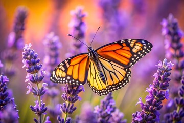 Obraz premium A monarch butterfly with open wings rests on a cluster of vibrant purple lavender flowers