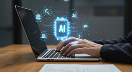 Artificial Intelligence: The hands of a business person using a modern laptop for tasks with a focus on AI technology, with vibrant visual effects.