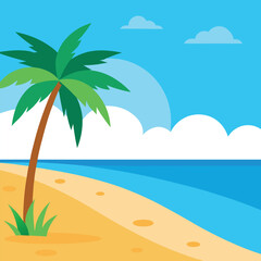 Tropical summer paradise beach with palm trees and a vibrant sunset over the ocean