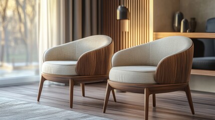 Two modern style chairs with curved arms and wooden legs on a dark wood floor.