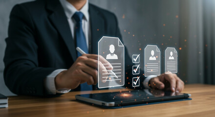 Career Path Selection: A discerning individual in a suit navigates the digital landscape, meticulously reviewing and selecting from a collection of resumes.