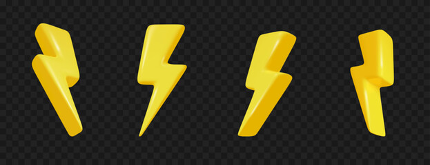 lightning bolts 3d. Thunder symbols in various shapes for energy, thunderstorm, electricity, discount, or danger icons. Isolated vector illustration. PNG