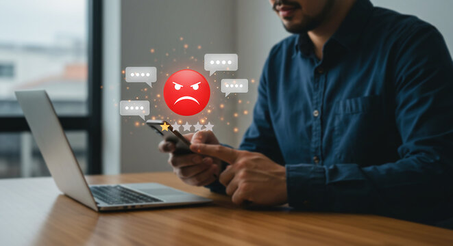 Negative Review: A person holding a smartphone with a red angry face emoticon displayed, symbolizing negative feedback and customer dissatisfaction on screen.