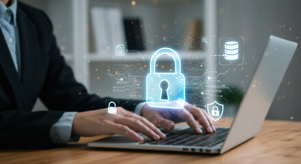Cyber Fortress: A focused individual meticulously navigates the digital realm, safeguarding vital information through robust cyber security, symbolized by a luminous padlock, data, and network.