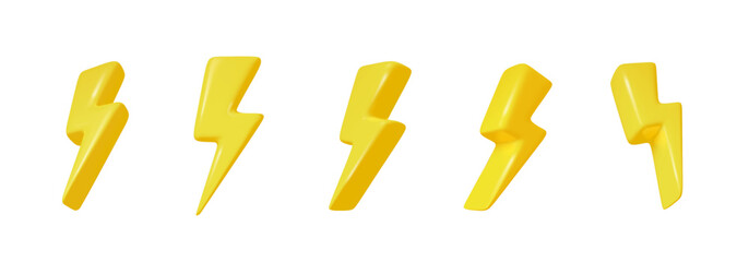 Lightning 3d icons on transparent background PNG. Electric thunderbolt symbols for speed, power, energy, discount, or warning concept. Vector illustration.