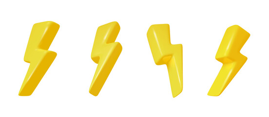 Lightning bolt vector set. 3D thunder icons for electric flash, power, fast delivery or sale concept. PNG. Thunderstorm energy design elements on transparent background.