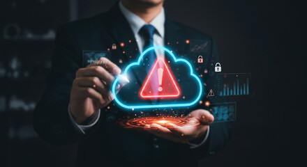 Cloud Security Alert: A digital image showcases a serious cybersecurity risk, depicted by a glowing cloud emblem with an exclamation point.