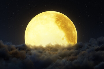 Big yellow moon above the night clouds. 3D Rendering