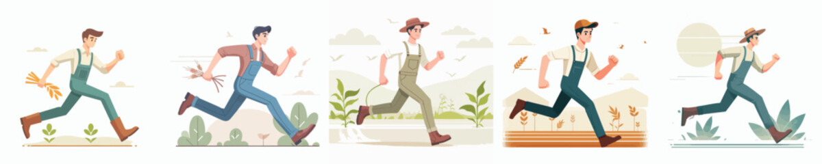 vector set of farmers running