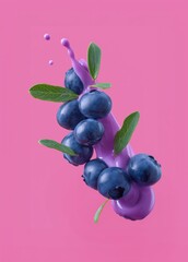 Blueberries and leaves falling with purple yoghurt against pink background. Fruit production, organic ingredients, copy space backdrop.