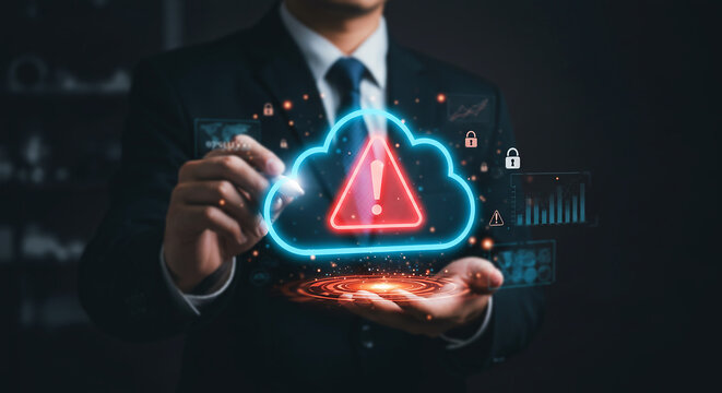 Cloud Security Alert: A digital image showcases a serious cybersecurity risk, depicted by a glowing cloud emblem with an exclamation point.