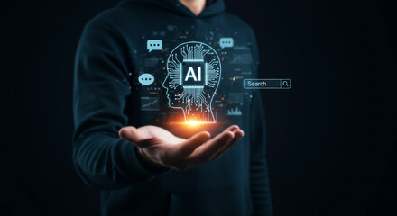 Artificial Intelligence in the Palm of Hand: Person holding artificial intelligence head illustration with circuit design, symbolising the power of human innovation.