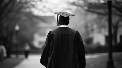 Candid graduate walking at commencement, facing away from camera.