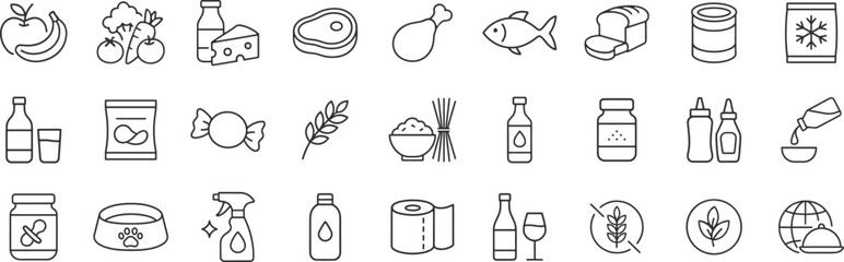 Grocery food and product categories line icon set with items like fruits, meat, pasta and beverages. Vector illustration pictograms of snacks, candy, sauces, cereal, grains, wine, editable stroke.