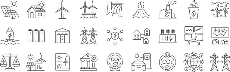 Renewable energy and low emission sustainable power system line icon set including solar, wind, hydrogen and EV charging. Clean energy generation and grid infrastructure vector illustration.