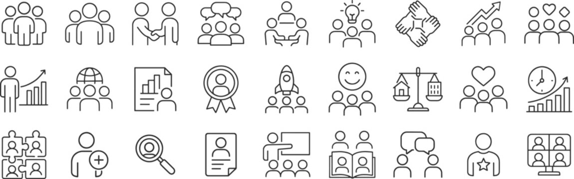 Business and teamwork concept line icons including leadership, productivity and collaboration. Vector pictograms of work life balance, brainstorming, employee communication thin linear illustration.