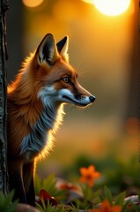 Obraz premium A fox stands alert at sunset surrounded by autumn leaves and warm golden light.