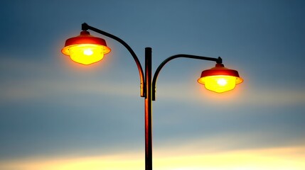 Two Vintage Street Lamps Illuminating the Evening Sky with Warm Light